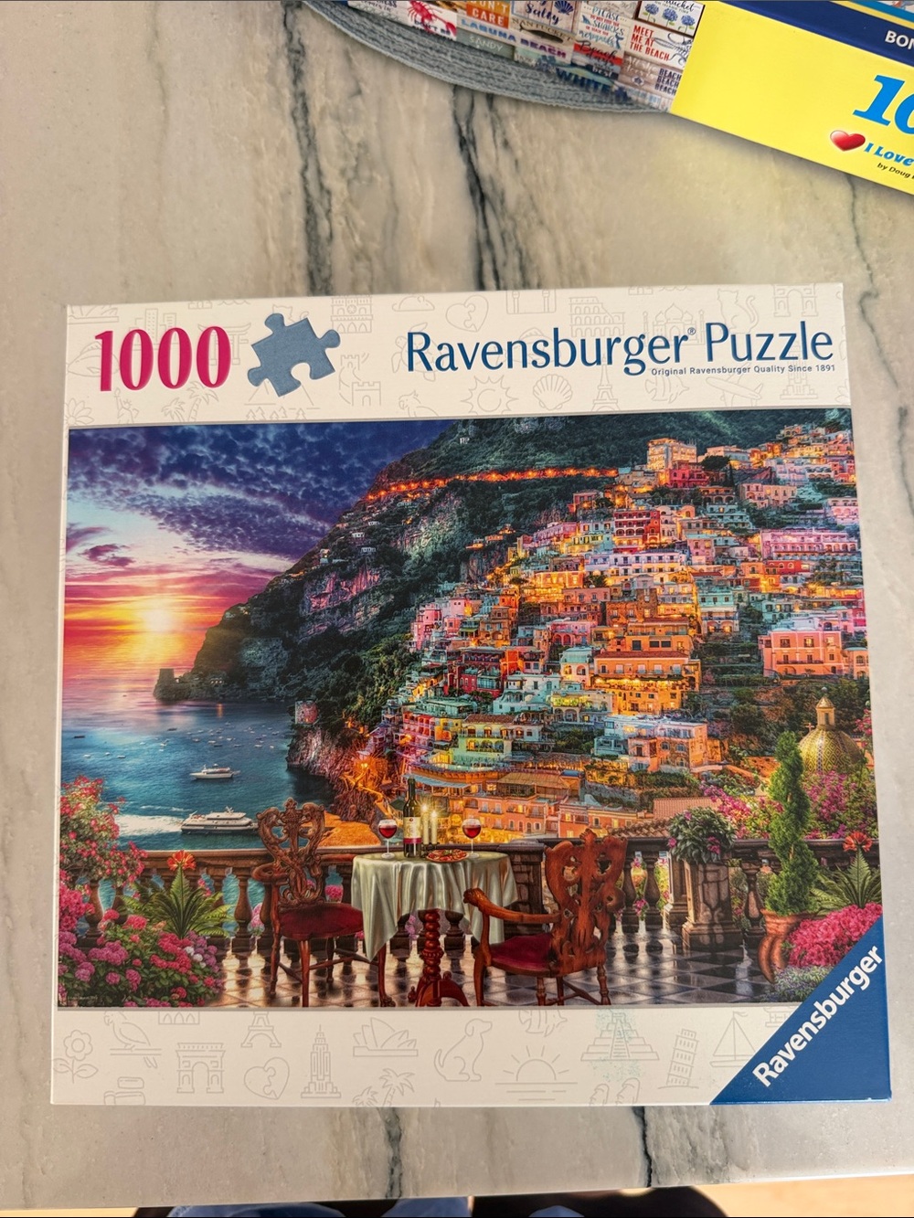 Ravensburger Coastal Village Sunset Puzzle — Vibrant Blue, Orange, Pink